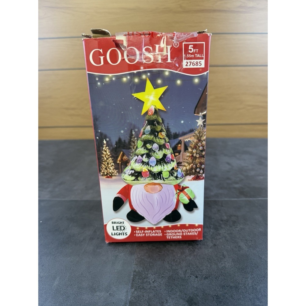 GOOSH Inflatable Lighted Christmas 5 ft Gnome w/Tree Hat NEW in Open Box